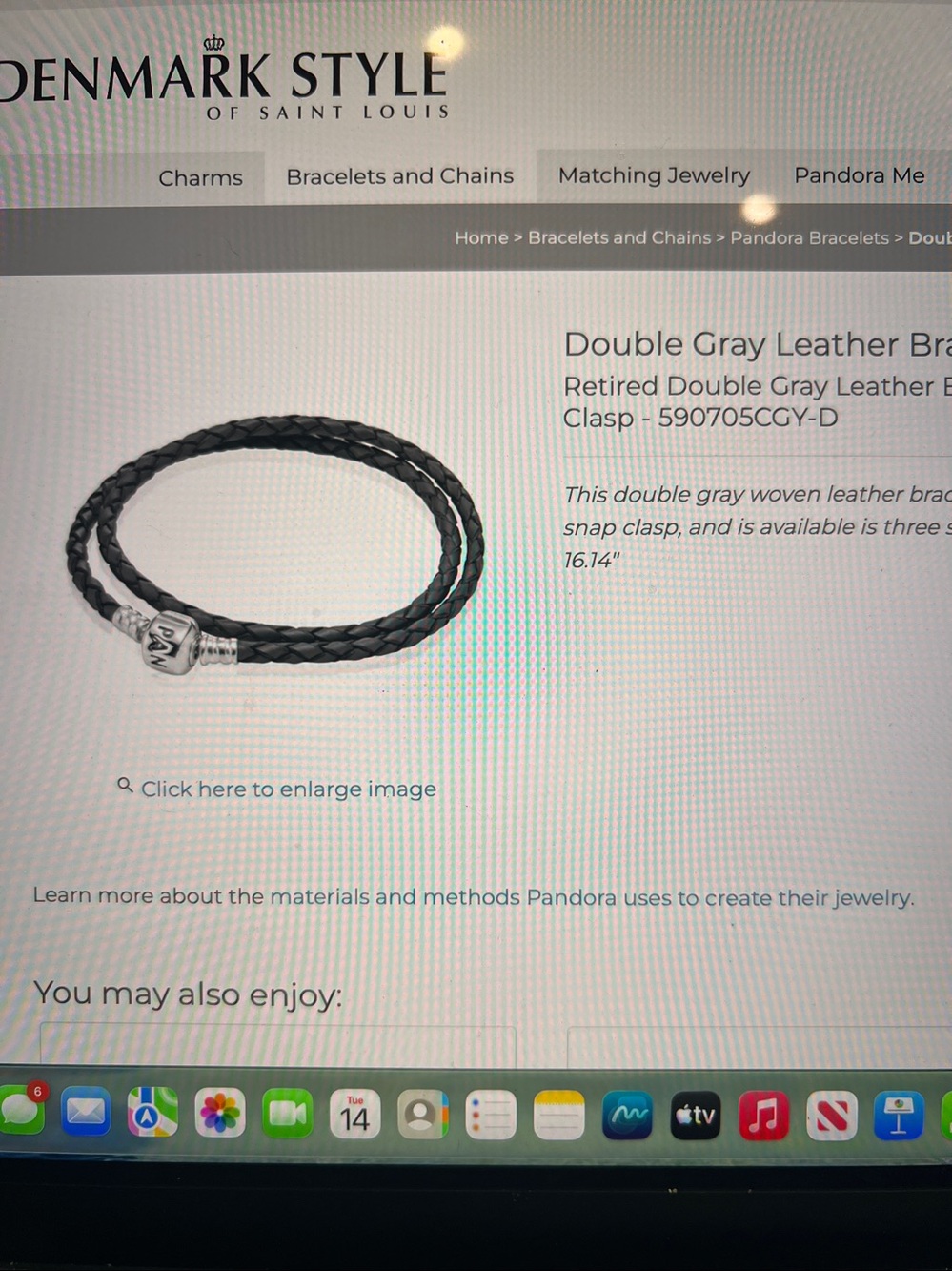 Pandora Double Metallic Light Grey Leather Bracelet Sterling Silver 15” - Picture 7 of 8